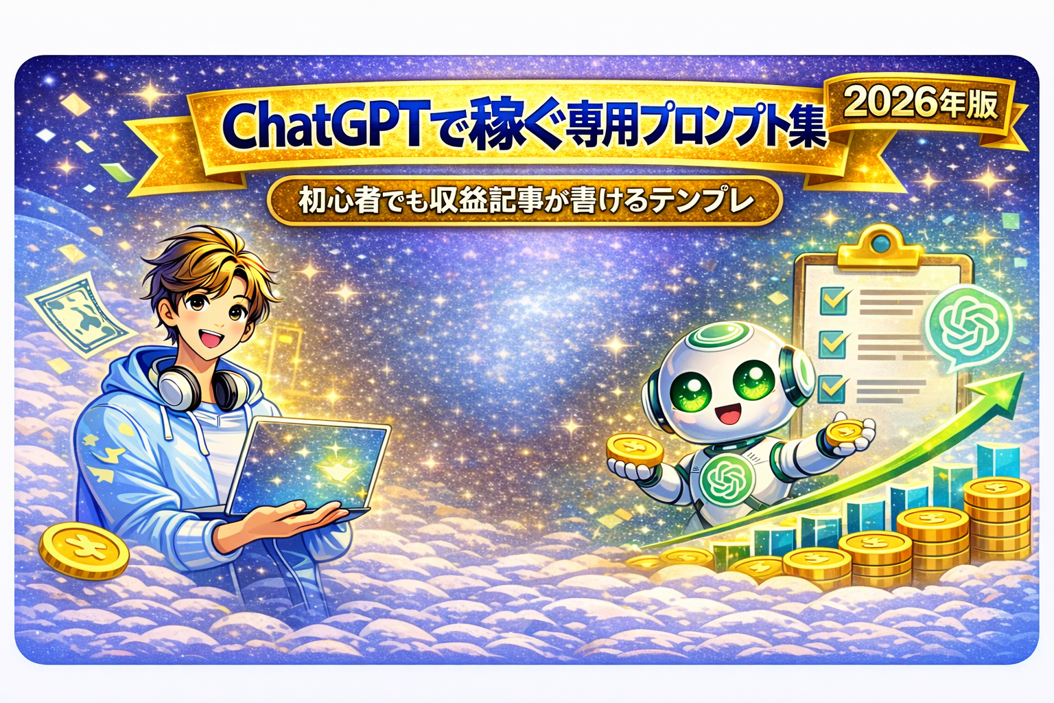 ChatGPTで稼ぐ専用プロンプト集をテーマにしたブログ用アイキャッチ画像。2026年版のバナーと「初心者でも収益記事が書けるテンプレ」というサブタイトルが表示され、左にノートPCを持つ男性、右にChatGPTをイメージしたロボットとチェックリスト・上昇グラフ・コインが描かれている。