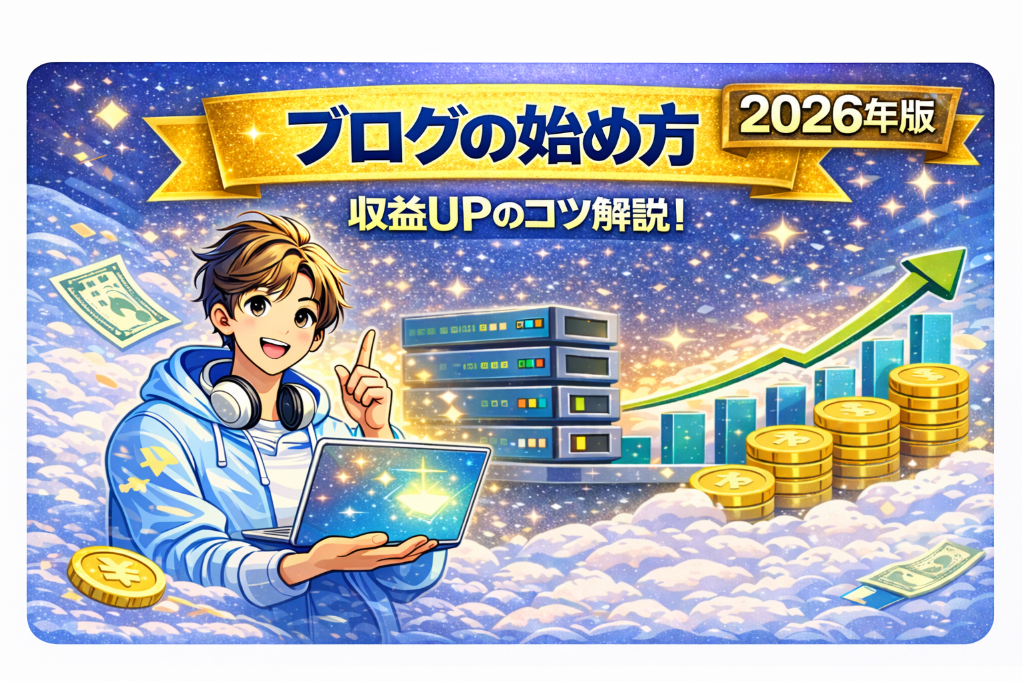 ブログの始め方（2026年版）をテーマに、ノートPCを持つ男性とサーバー、コインや上昇グラフで収益アップのコツを表現したイラスト。