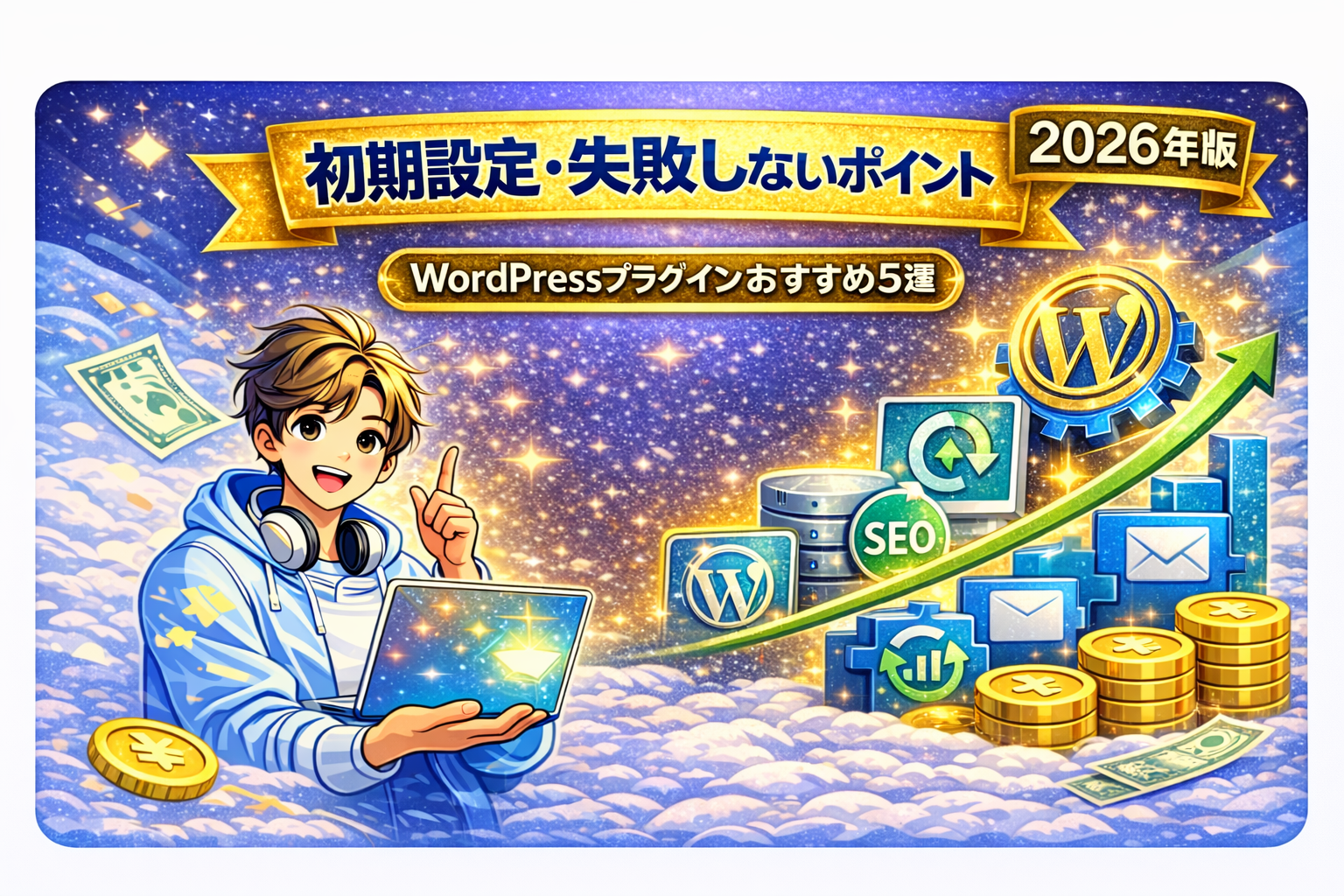WordPressプラグインおすすめ5選｜初心者向けに初期設定と失敗しないポイントを解説したアイキャッチ画像